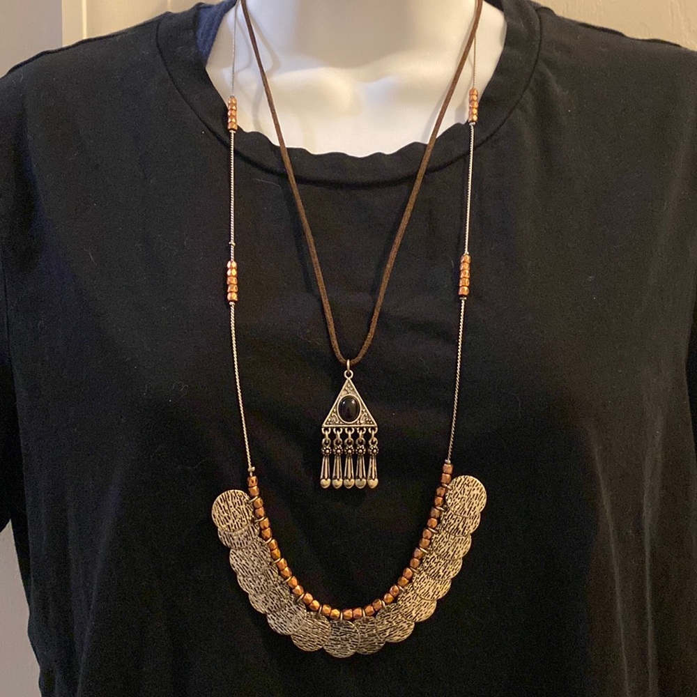 Two Part Necklace. Colors: silver, copper, black stone, brown suede rope.